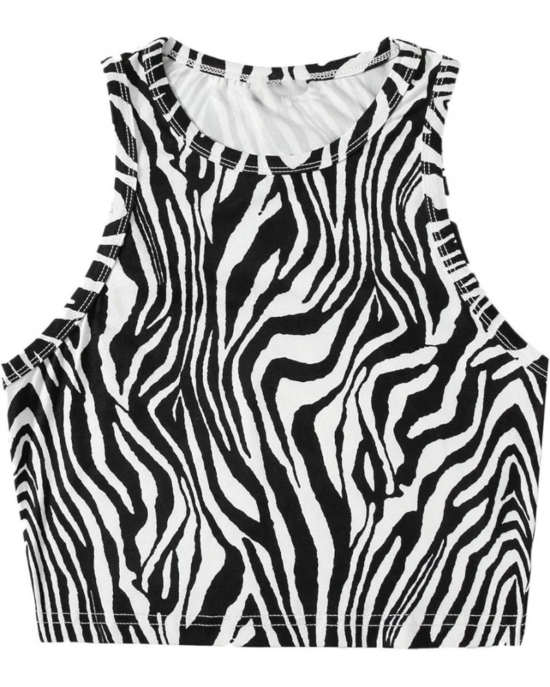 Women's Casual Crop Tank Top Zebra Print Crewneck Sleeveless Slim Fit Camisole Black and White $12.00 Tanks