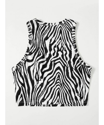 Women's Casual Crop Tank Top Zebra Print Crewneck Sleeveless Slim Fit Camisole Black and White $12.00 Tanks