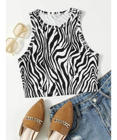 Women's Casual Crop Tank Top Zebra Print Crewneck Sleeveless Slim Fit Camisole Black and White $12.00 Tanks