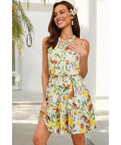 Women's 2024 Summer Dress Halter Casual Beach Vacation Outfits Hawaiian Dresses Ruffle Belted Sundress with Pockets Floral 23...