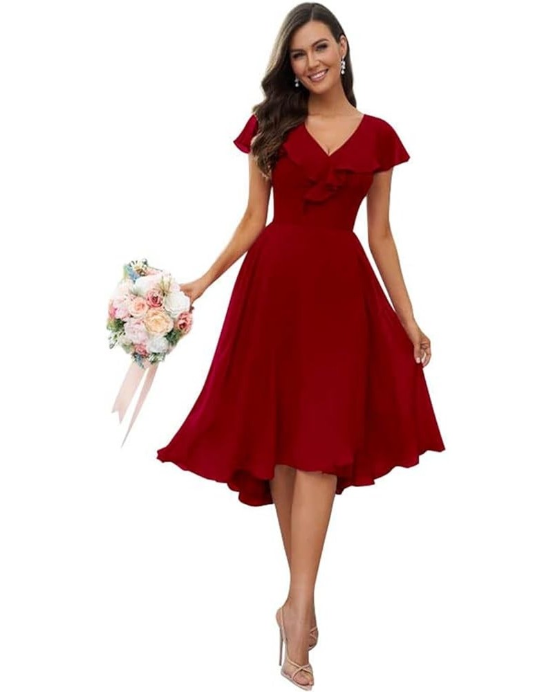 Women's V Neck Flutter Sleeve Bridesmaid Dresses with Pockets Chiffon A-Line Pleated High Low Formal Gown Burgundy $23.10 Dre...