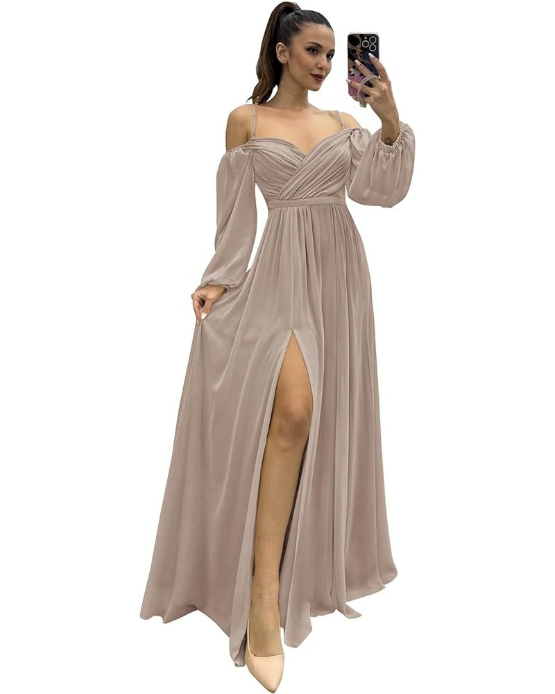 Women's Chiffon A-line Off Shoulder Bridesmaid Dresses with High Split Sweetheart Spaghetti Straps Evening Dress Taupe $28.07...