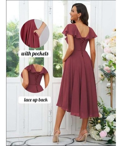 Women's V Neck Flutter Sleeve Bridesmaid Dresses with Pockets Chiffon A-Line Pleated High Low Formal Gown Burgundy $23.10 Dre...