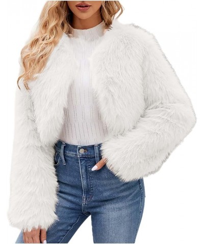 Women Short Faux Fur Jacket Long Sleeve Coat Open Front Fur Coats Winter Waistcoat Warm Shaggy Faux Fur Parka White $17.66 Coats