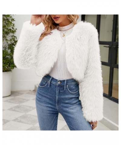 Women Short Faux Fur Jacket Long Sleeve Coat Open Front Fur Coats Winter Waistcoat Warm Shaggy Faux Fur Parka White $17.66 Coats