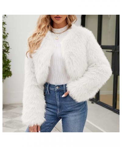 Women Short Faux Fur Jacket Long Sleeve Coat Open Front Fur Coats Winter Waistcoat Warm Shaggy Faux Fur Parka White $17.66 Coats