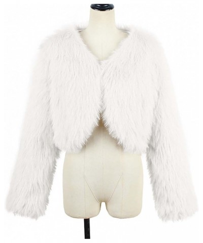 Women Short Faux Fur Jacket Long Sleeve Coat Open Front Fur Coats Winter Waistcoat Warm Shaggy Faux Fur Parka White $17.66 Coats