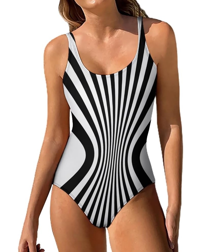 Women's Retro 80s/90s High Cut Low Back One Piece Swimsuits Bathing Suits Print - Stripe $11.76 Swimsuits