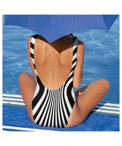 Women's Retro 80s/90s High Cut Low Back One Piece Swimsuits Bathing Suits Print - Stripe $11.76 Swimsuits