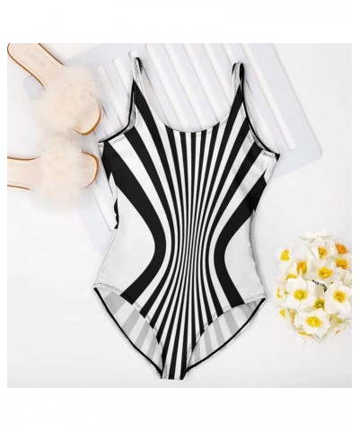 Women's Retro 80s/90s High Cut Low Back One Piece Swimsuits Bathing Suits Print - Stripe $11.76 Swimsuits