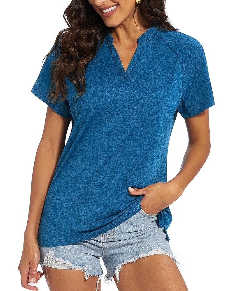 Women's V-Neck T Shirts Short Sleeve Polo Moisture Wicking UPF 50+ Sports Tee for Golf Medium Blue $12.75 Shirts