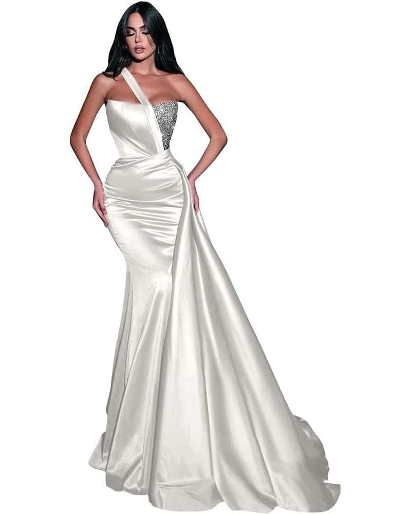 Women's One Shoulder Sequin Mermaid Prom Dresses Satin Ruched Ball Gowns Long Formal Evening Party Dress Ivory $38.99 Dresses