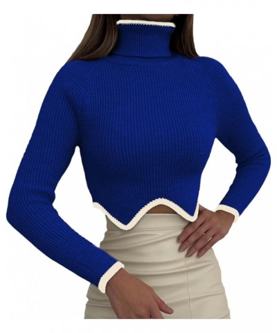 Women's Crop Sweater Turtleneck Long Sleeve Rib Knit Solid Slim Fit Pullover Crop Sweater Blue $5.84 Sweaters