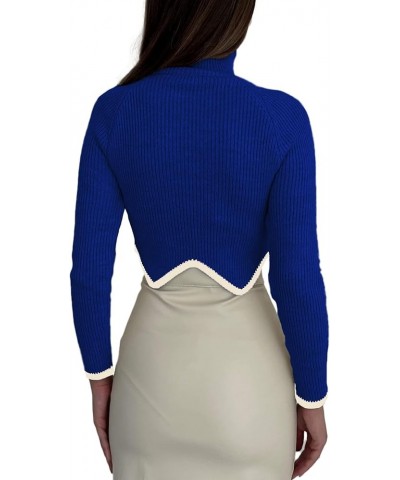 Women's Crop Sweater Turtleneck Long Sleeve Rib Knit Solid Slim Fit Pullover Crop Sweater Blue $5.84 Sweaters