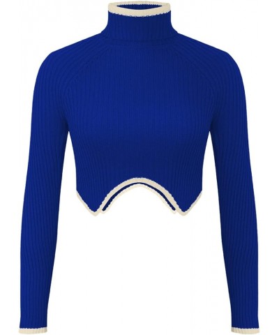 Women's Crop Sweater Turtleneck Long Sleeve Rib Knit Solid Slim Fit Pullover Crop Sweater Blue $5.84 Sweaters