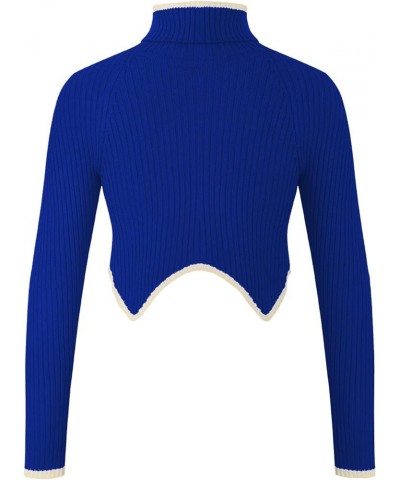 Women's Crop Sweater Turtleneck Long Sleeve Rib Knit Solid Slim Fit Pullover Crop Sweater Blue $5.84 Sweaters