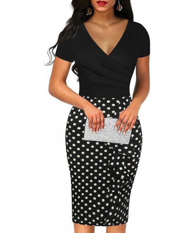 Women's Vintage Short Sleeve V Neck Wrap Polka Dot Pencil Midi Dress SK300 Black P Dot $24.74 Dresses