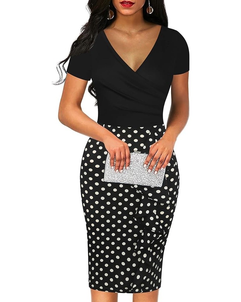 Women's Vintage Short Sleeve V Neck Wrap Polka Dot Pencil Midi Dress SK300 Black P Dot $24.74 Dresses