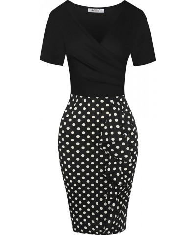 Women's Vintage Short Sleeve V Neck Wrap Polka Dot Pencil Midi Dress SK300 Black P Dot $24.74 Dresses