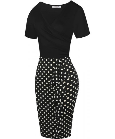 Women's Vintage Short Sleeve V Neck Wrap Polka Dot Pencil Midi Dress SK300 Black P Dot $24.74 Dresses