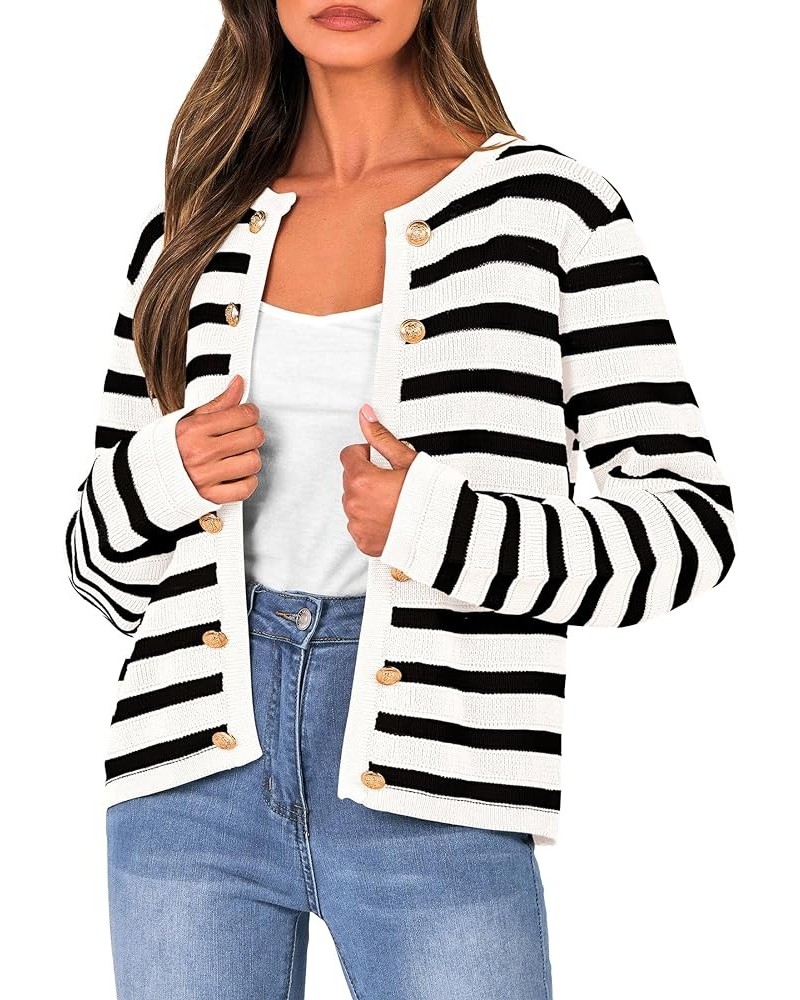 Women's Striped Cardigan Sweaters Ribbed Knit Long Sleeve Open Front Crewneck Casual Jackets Black $21.45 Sweaters