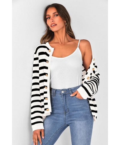 Women's Striped Cardigan Sweaters Ribbed Knit Long Sleeve Open Front Crewneck Casual Jackets Black $21.45 Sweaters