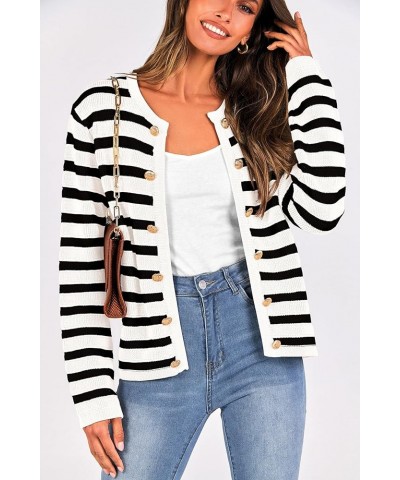 Women's Striped Cardigan Sweaters Ribbed Knit Long Sleeve Open Front Crewneck Casual Jackets Black $21.45 Sweaters