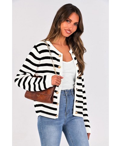 Women's Striped Cardigan Sweaters Ribbed Knit Long Sleeve Open Front Crewneck Casual Jackets Black $21.45 Sweaters