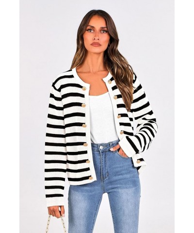 Women's Striped Cardigan Sweaters Ribbed Knit Long Sleeve Open Front Crewneck Casual Jackets Black $21.45 Sweaters