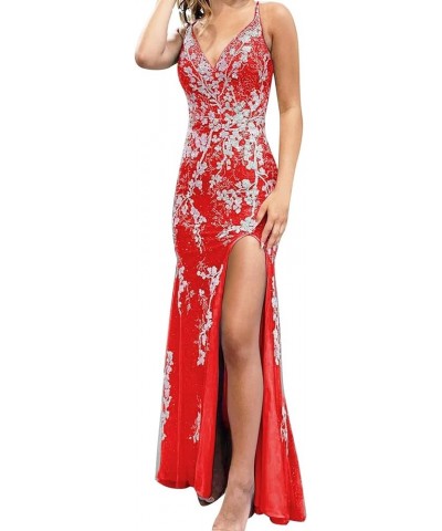 Lace Appliques Prom Dresses Tulle Formal Party Dresses with Slit Sparkly Spaghetti Straps Evening Gowns Red $50.04 Dresses