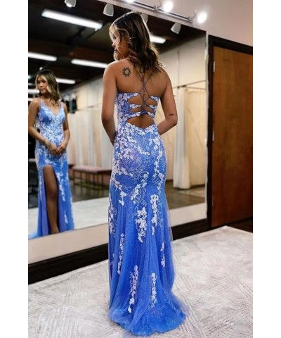 Lace Appliques Prom Dresses Tulle Formal Party Dresses with Slit Sparkly Spaghetti Straps Evening Gowns Red $50.04 Dresses