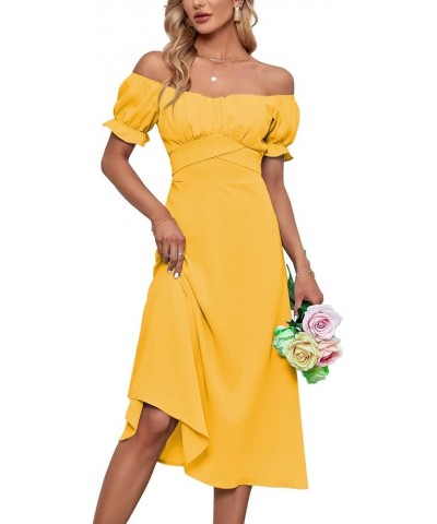 Women's Off Shoulder Wrap Ruffle Puff Short Sleeve Ruched Tie Back Dress Light Yellow $22.08 Dresses