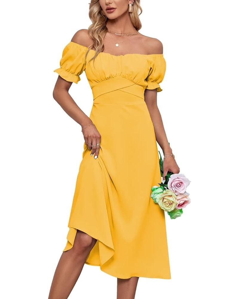 Women's Off Shoulder Wrap Ruffle Puff Short Sleeve Ruched Tie Back Dress Light Yellow $22.08 Dresses