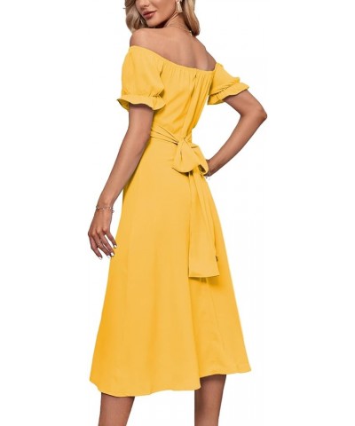 Women's Off Shoulder Wrap Ruffle Puff Short Sleeve Ruched Tie Back Dress Light Yellow $22.08 Dresses