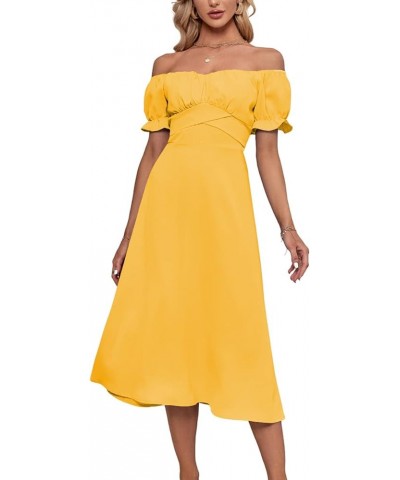 Women's Off Shoulder Wrap Ruffle Puff Short Sleeve Ruched Tie Back Dress Light Yellow $22.08 Dresses