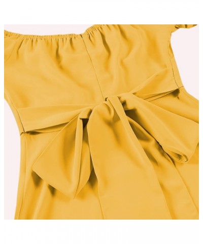 Women's Off Shoulder Wrap Ruffle Puff Short Sleeve Ruched Tie Back Dress Light Yellow $22.08 Dresses