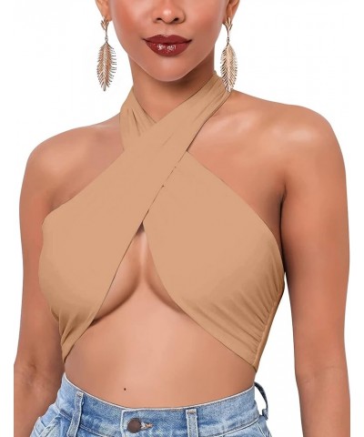 Women's Sexy Sleeveless Halter Criss Cross Tank Crop Tops Self Tie Backless Cami Khaki $11.59 Tanks