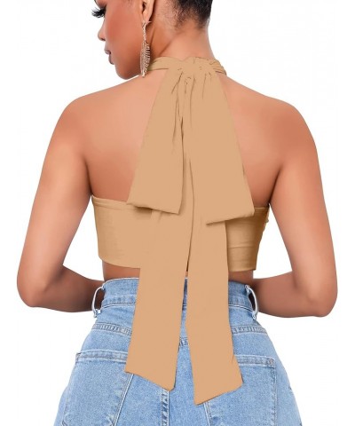 Women's Sexy Sleeveless Halter Criss Cross Tank Crop Tops Self Tie Backless Cami Khaki $11.59 Tanks