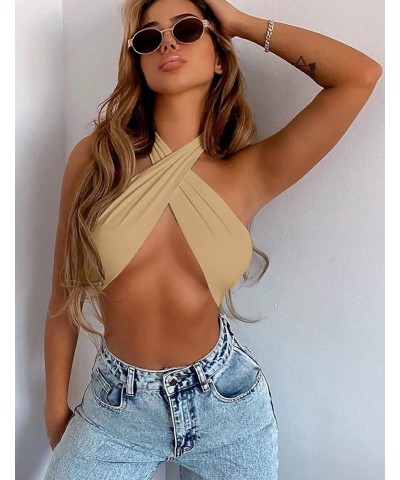 Women's Sexy Sleeveless Halter Criss Cross Tank Crop Tops Self Tie Backless Cami Khaki $11.59 Tanks