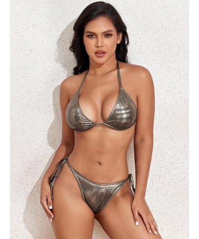 Women's Metallic Bikini Set Halter Triangle String 2 Piece Shiny Bathing Suit Tie Side Swimsuit Metallic Silver $10.25 Swimsuits