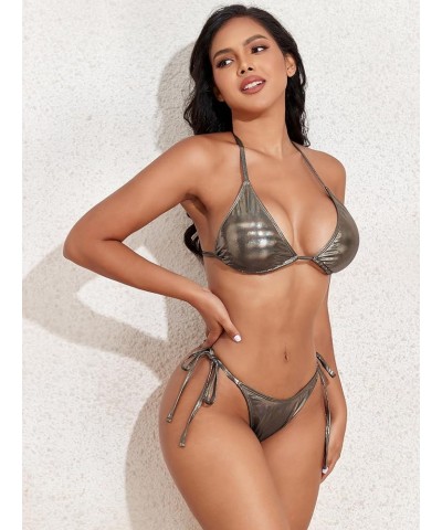 Women's Metallic Bikini Set Halter Triangle String 2 Piece Shiny Bathing Suit Tie Side Swimsuit Metallic Silver $10.25 Swimsuits