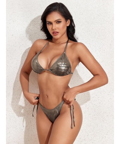 Women's Metallic Bikini Set Halter Triangle String 2 Piece Shiny Bathing Suit Tie Side Swimsuit Metallic Silver $10.25 Swimsuits