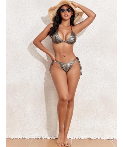 Women's Metallic Bikini Set Halter Triangle String 2 Piece Shiny Bathing Suit Tie Side Swimsuit Metallic Silver $10.25 Swimsuits