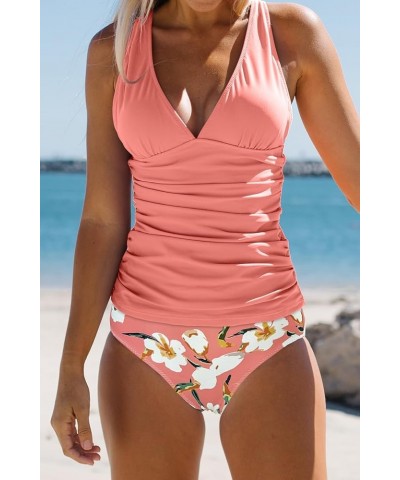 Women's Cute Floral Print Swimsuits V Neck Tummy Control Tankini Set Lightrose $24.29 Swimsuits