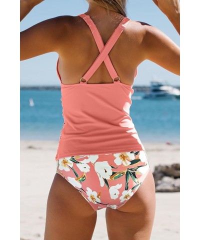 Women's Cute Floral Print Swimsuits V Neck Tummy Control Tankini Set Lightrose $24.29 Swimsuits