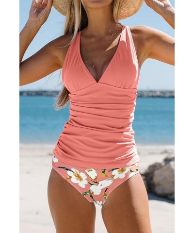 Women's Cute Floral Print Swimsuits V Neck Tummy Control Tankini Set Lightrose $24.29 Swimsuits