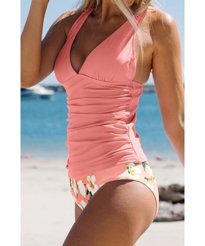 Women's Cute Floral Print Swimsuits V Neck Tummy Control Tankini Set Lightrose $24.29 Swimsuits