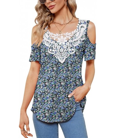 Women's Crew Nack Lace Trim T Shirts Plus Size Cold Shoulder Ruffle Short Sleeve Blouse Tops M-4XL A-blue Floral $14.50 Tops