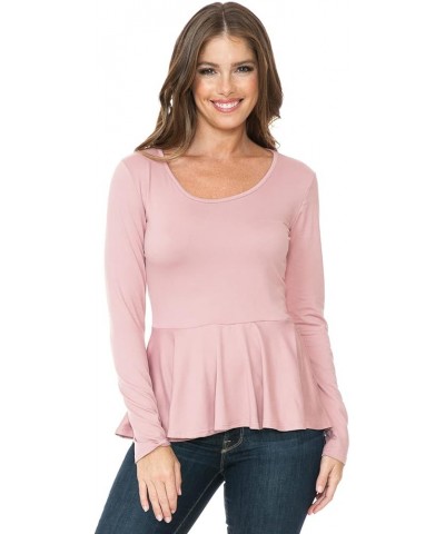 Women's Long Sleeve Stretchy Knit Ruffle Hem Peplum Blouse Top with Plus Size Stt026_mauve $8.63 Blouses