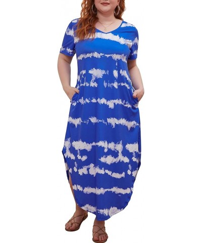 Women's Plus Size Maxi Dresses V Neck Casual Short Sleeve Loose Pocket Slits Long Dress XL-5XL Tiedye Blue $19.37 Dresses